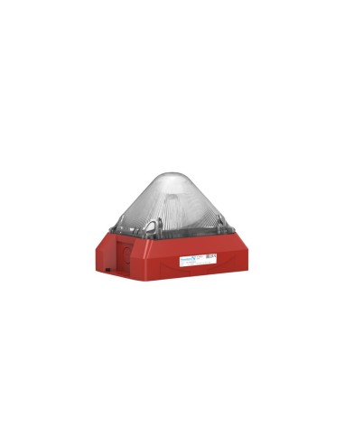 LUZ DE FLASH COMPACTA DE 5 JULIOS, 24V CC, IP66, SINCRONIZABLE. CUERPO PIRAMIDAL ROJO Y LENTE TRANSPARENTE. EN54-23. NOTIFIER BY