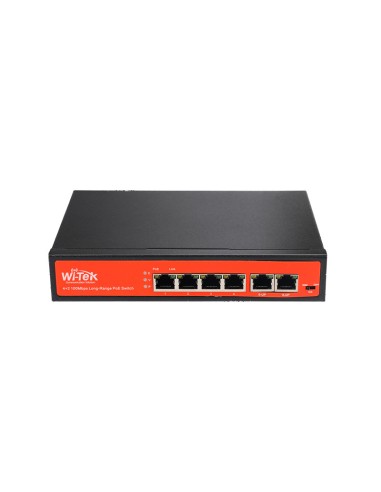 SWITCH POE NO GESTIONABLE WI-TEK DE GAMA COMERCIAL. 4 PUERTOS POE 10/100 MBPS. 2 PUERTOS RJ45 10/100 MBPS. ENTREGA POE TOTAL DE