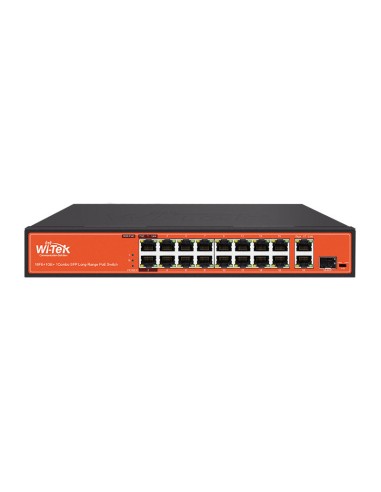 SWITCH POE NO GESTIONABLE WI-TEK DE GAMA COMERCIAL. 16 PUERTOS POE 10/100 MBPS. 1 PUERTO RJ45 GIGABIT. 1 PUERTO COMBO GIGABIT. E