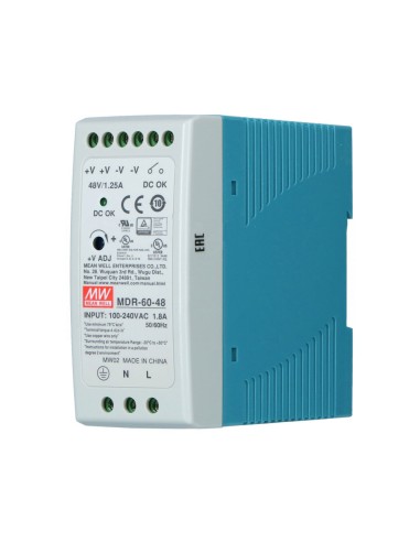 FUENTE DE ALIMENTACIÓN INDUSTRIAL DE 48V/60W. RANGO COMPLETO / ENTRADA CA UNIVERSAL. PROTECCIONES DE CORTOCIRCUITO, SOBRECARGA Y