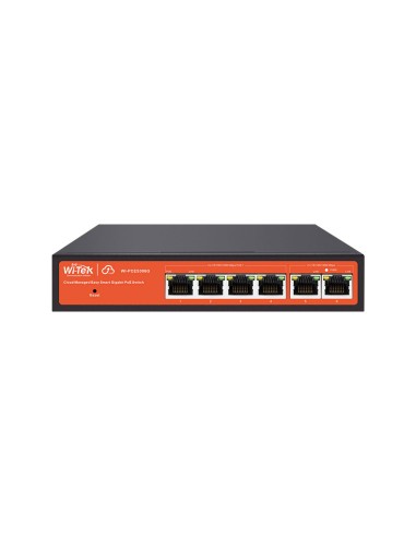 SWITCH POE GESTIONADO EN LA NUBE. 6 PUERTOS RJ45 GIGABIT, 4 DE LOS CUALES POE+. ENTREGA POE TOTAL DE 60W. SOPORTA GESTIÓN WI-TEK