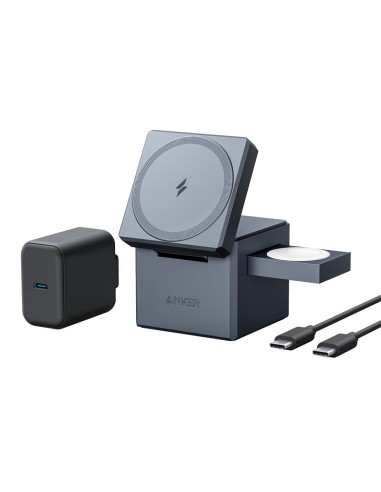 ANKER - CARGADOR INALÁMBRICO 3 EN 1 - TECNOLOGÍA MAGSAFE - CARGA RÁPIDA PARA IPHONE, AIRPODS Y APPLE WATCH - ACEPTA MODO VERTICA