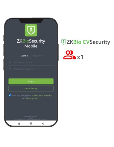 LICENCIA APP DE ZKBIO CVSECURITY - CAPACIDAD 1 ADMINISTRADOR - GESTIÓN DE USUARIOS Y EVENTOS - APERTURAS REMOTAS - APTA PARA AND