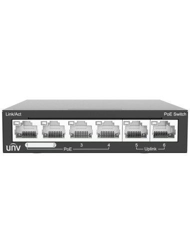 UNIVIEW SWITCH POE SOBREMESA - 6 PUERTOS RJ45 10/100MBPS  - 4 PUERTOS POE+ 802.3AF/AT | POTENCIA TOTAL 60W - MODO POR DEFECTO /