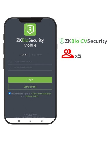 LICENCIA APP DE ZKBIO CVSECURITY - CAPACIDAD 5 ADMINISTRADORES - GESTIÓN USUARIOS Y EVENTOS - APERTURAS REMOTAS - APTA PARA ANDR