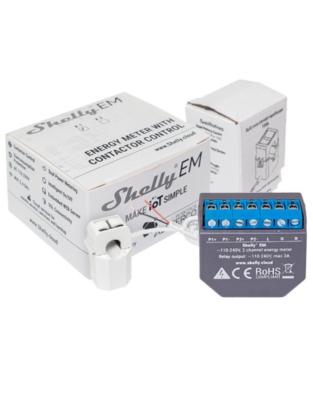 SHELLY EM + 120A - WIFI 2.4 GHZ IEEE802.11 B/G/N - MEDIDOR DE CONSUMO - SOPORTA 110-230 V - IDEAL PARA VIVIENDAS - COMPATIBLE CO