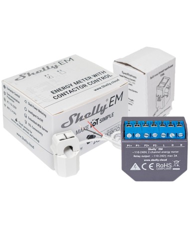 SHELLY EM + 50A - WIFI 2.4 GHZ IEEE802.11 B/G/N - MEDIDOR DE CONSUMO - SOPORTA 110-230 V - IDEAL PARA VIVIENDAS - COMPATIBLE CON