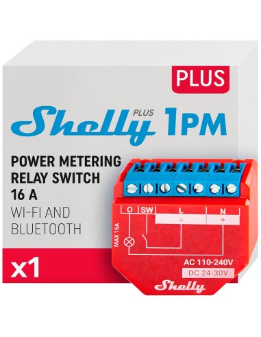 SHELLY PLUS 1PM - WIFI 2.4 GHZ IEEE802.11 B/G/N / BLUETOOTH -  INTERRUPTOR INTELIGENTE  - SOPORTA 110-240 V / 24V - MEDIDOR DE C