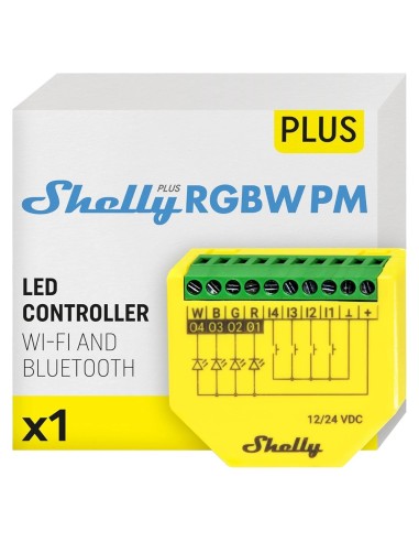 SHELLY CONTROLADOR RGBW PARA TIRAS LED - WIFI 2.4 GHZ IEEE802.11 B/G/N / BLUETOOTH - ADMITE CUALQUIER TIRA DE LED RGB/RGBW - SOP