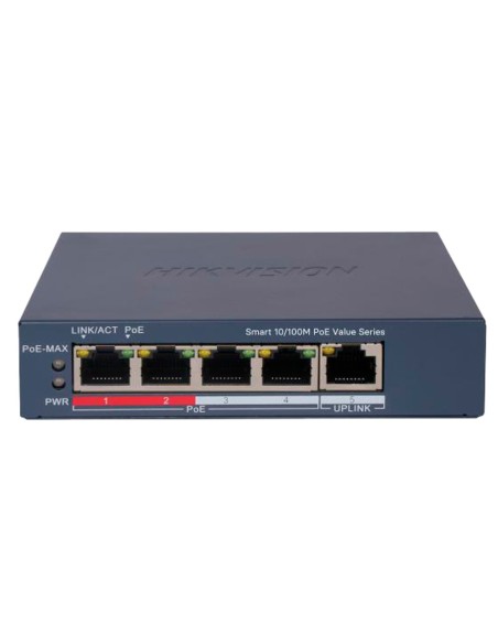 HIKVISION SWITCH POE GESTIONABLE - 4 PUERTOS POE 802.3AF/AT + 1 UPLINK RJ45 - 4 RJ45 10/100MBPS + 1 RJ45 10/100MBPS - 30W POR PU