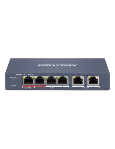 HIKVISION HIPOE SWITCH GESTIONABLE - 4 PUERTOS POE 802.3AF/AT + 2 UPLINK RJ45 - 4 RJ45 10/100MBPS + 2 RJ45 10/100MBPS -  802.3AF