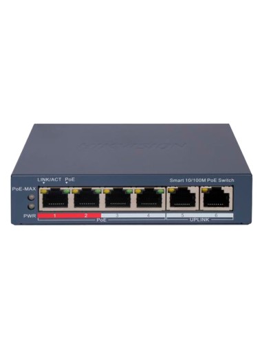 HIKVISION POE SWITCH GESTIONABLE - 4 PUERTOS POE 802.3AF/AT + 2 UPLINK RJ45 - 4 RJ45 10/100MBPS + 2 RJ45 10/100MBPS -  802.3AF/A