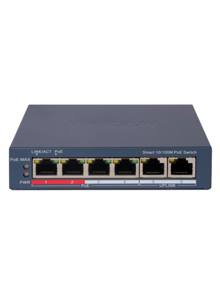HIKVISION POE SWITCH GESTIONABLE - 4 PUERTOS POE 802.3AF/AT + 2 UPLINK RJ45 - 4 RJ45 10/100MBPS + 2 RJ45 10/100MBPS -  802.3AF/A