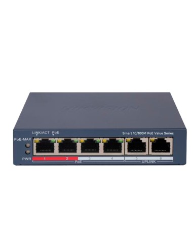 HIKVISION POE SWITCH GESTIONABLE - 4 PUERTOS POE 802.3AF/AT + 2 UPLINK RJ45 - 4 RJ45 10/100MBPS + 2 RJ45 10/100MBPS -  802.3AF/A