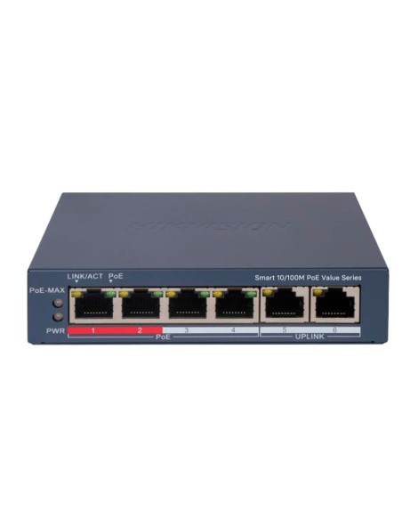HIKVISION POE SWITCH GESTIONABLE - 4 PUERTOS POE 802.3AF/AT + 2 UPLINK RJ45 - 4 RJ45 10/100MBPS + 2 RJ45 10/100MBPS -  802.3AF/A