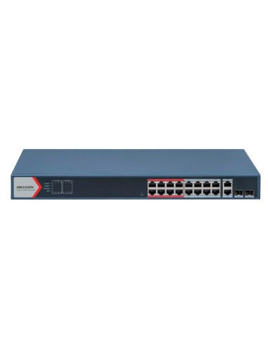SWITCH POE HIKVISION - 16 PUERTOS RJ45 FE + 2 PUERTOS GIGABIT RJ45/SFP - 16 PUERTOS POE+ 802.3AF/AT - HASTA 230W DE POTENCIA POE