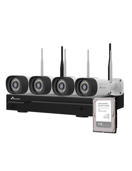 KIT CCTV WIFI NIVIAN - NVR 10 CANALES - 4 CÁMARAS 3 MPX PREREGISTRADAS - APTAS PARA EXTERIOR IP66 - INCLUYE 1 DISCO DURO 1TB - A