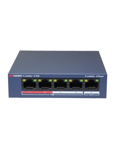 SWITCH DE SOBREMESA HIKVISION - 4 PUERTOS POE + 1 PUERTO UPLINK (RJ45) - VELOCIDAD 10/100 MBPS - HASTA 35W EN TOTAL PARA TODOS L