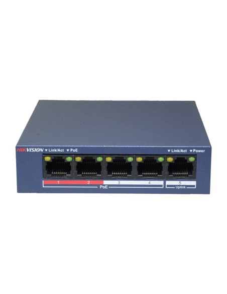 SWITCH DE SOBREMESA HIKVISION - 4 PUERTOS POE + 1 PUERTO UPLINK (RJ45) - VELOCIDAD 10/100 MBPS - HASTA 35W EN TOTAL PARA TODOS L
