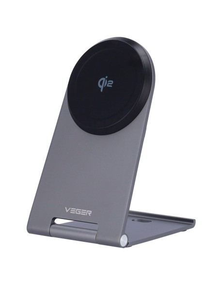 VEGER WIRELESS CHARGER - POWER 15W - USB-C INPUT - FAST CHARGING - WIRELESS OUTPUT - MAGSAFE - WITH FOLDING STAND : SILVER COLO
