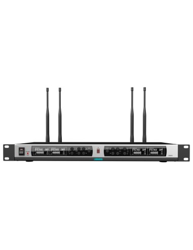 RECEPTOR DE MICRÓFONOS INALÁMBRICO - CUATRO CANALES - PAREADO MEDIANTE IR - CONTROL DE VOLUMEN PARA CADA CANAL - SALIDA XLR - CO