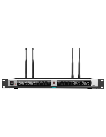 RECETOR DE MICROFONE SEM FIOS - QUATRO CANAIS - EMPARELHAMENTO MEDIANTE IV - CONTROLO DE VOLUME PARA CADA CANAL - SAÍDA XLR - CO