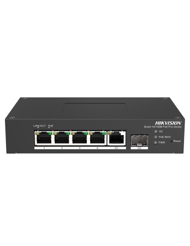 SWITCH POE HIKVISION - 4 PUERTOS RJ45 FE + 1 PUERTO GIGABIT RJ45/SFP - 4 PUERTOS POE+ 802.3AF/AT - HASTA 60W DE POTENCIA POE TOT