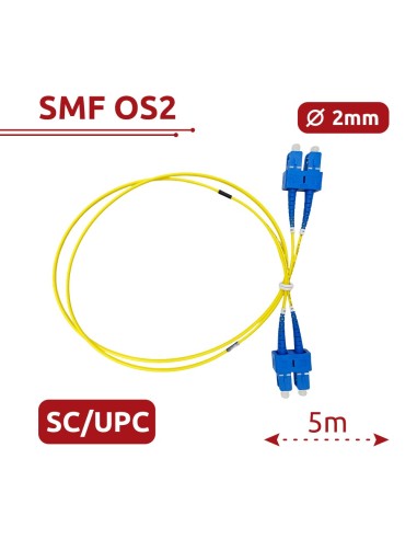 CABLE DE CONEXIÓN DE FIBRA ÓPTICA - FIBRA MONOMODO OS2 - CONECTOR SC UPC DÚPLEX - LONGITUD 5M - CUBIERTA LSZH - COMPATIBILIDAD G